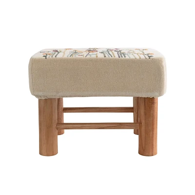 16" Floral Embroidered Cotton Upholstered Stool