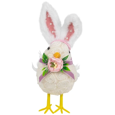 8.75" Floral Easter Chick Accent with Polka Dot Faux Fur Rabbit Ears 