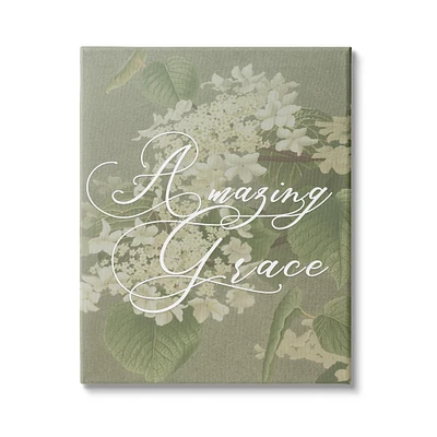 Stupell Industries Amazing Grace Phrase Vintage White Flower Blossoms Canvas Wall Art