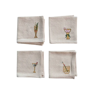 Multicolor Cotton Cocktail Napkin with Embroidered Holiday Cocktail Set