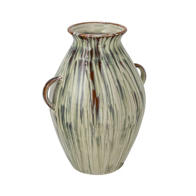 14" Multicolor Reactive Glaze Hand-Painted Stoneware Vase with Handles