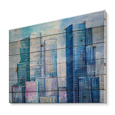 Designart - Skyscrapers Abstract Style Cityscape Panorama I - Modern Print on Natural Pine Wood