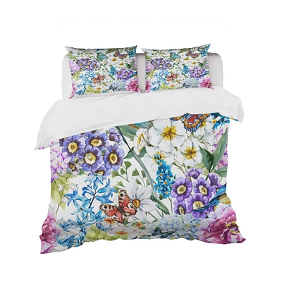 Designart 'Blue Bird And Blue and Purple Blossoming Flowers' Floral Bedding Set