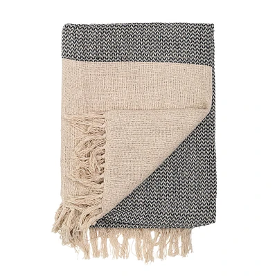 60" Gray & Cream Cotton Knit Throw with Fringe