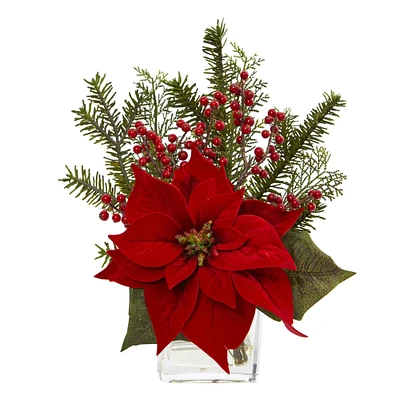 14" Potted Poinsettia, Pine & Berry Artificial Arrangement