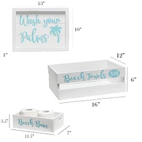 Elegant Designs Large White Wash Coastal Towel Holder, Frame & Toilet Paper Holder Set