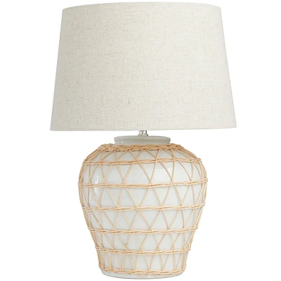 White Ceramic Woven Rattan Table Lamp with Linen Shade