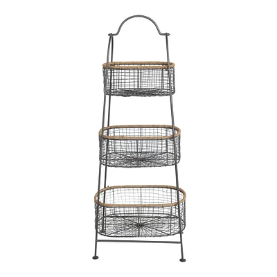 3.5ft. Metal & Rattan 3-Tier Stand with Removable Baskets