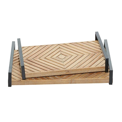 Brown Ribbed Wood Farmhouse Tray Set