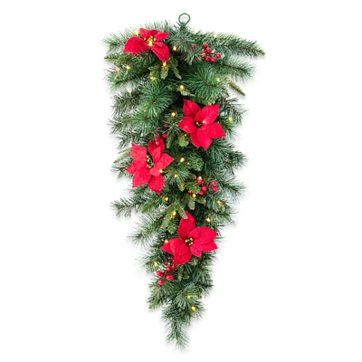 Glitzhome® 3ft. Pre-Lit Pine, Poinsettia & Berries Christmas Teardrop Swag