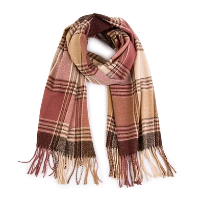 Glitzhome® 77" Pink, Cream & Gray Plaid Scarf with Tassels