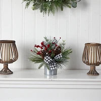 12" Frosted Pinecones & Berries Artificial Arrangement in Vase with Decorative Plaid Bow