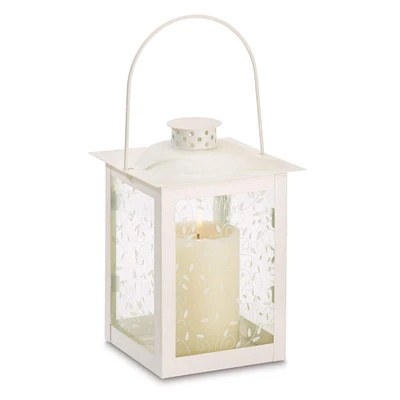 8" Large White Square Candle Lantern with Leaves
