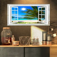 Designart - Window Open to Beach with Palm