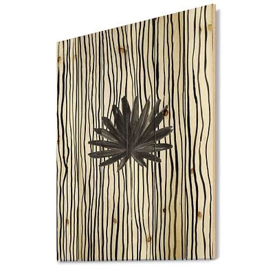 Designart - Black and White Tropical Leaf On Striped III - Modern Print on Natural Pine Wood