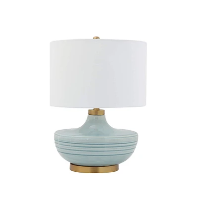 Striped Aqua Ceramic Table Lamp with White Linen Shade