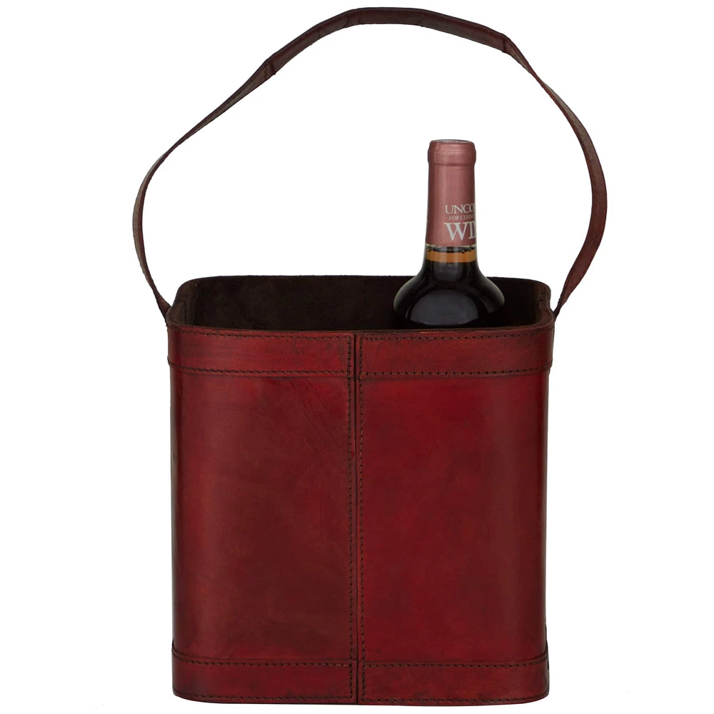 9" Red Leather 4-Bottle Wine Holder with Carrying Handle