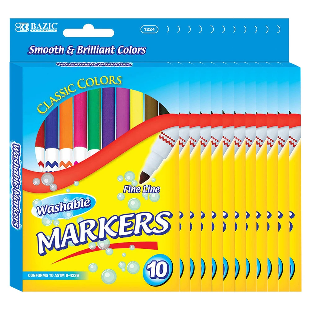 BAZIC® Fine Line Washable Markers, 12 Packs of 10