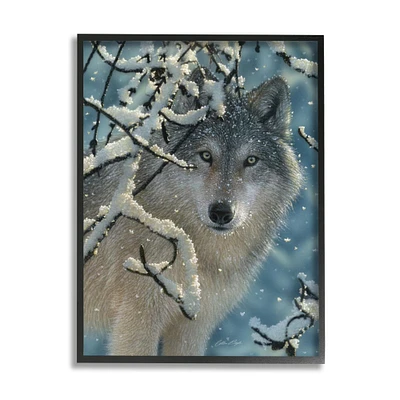 Stupell Industries Wolf Behind Snowy Branches Winter Wild Forest Animal Framed Wall Art