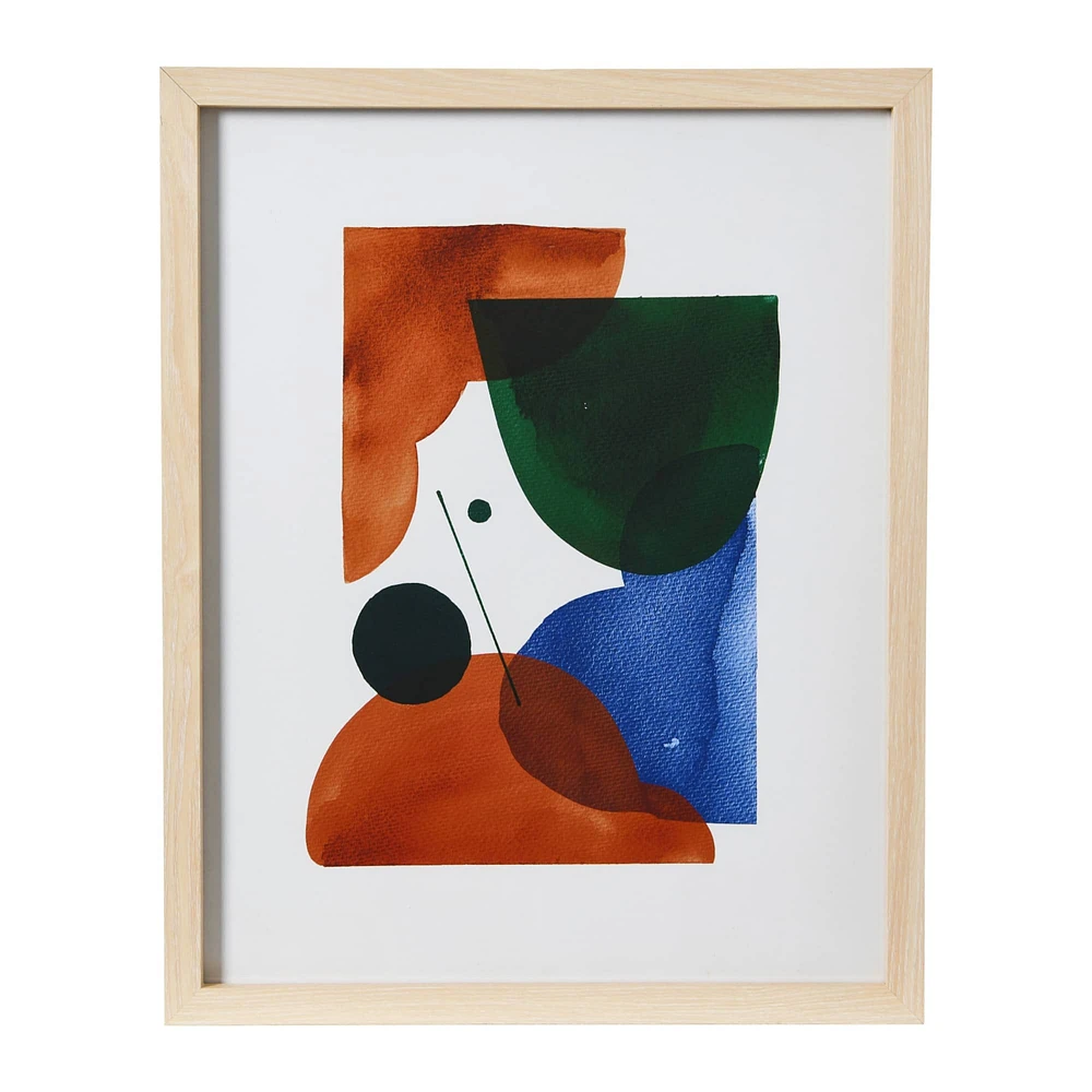 Multicolor Abstract Geometric Print with Natural Wood Frame