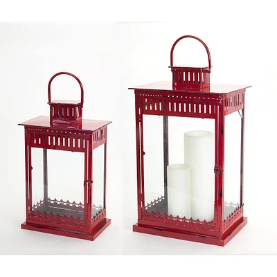 Red Metal & Glass Lantern Set, 20'' & 25''