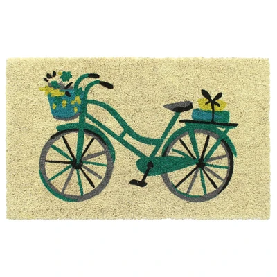 RugSmith Blue Machine Tufted Floral Basket Bike Coir Doormat