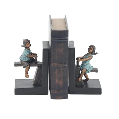 8" Brown Polystone Playing Children Bookends