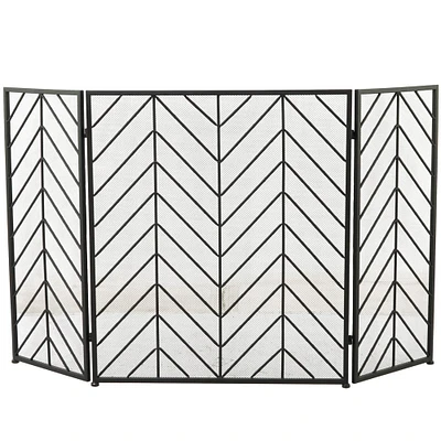 Black Metal Foldable Mesh Netting 3 Panel Geometric Fireplace Screen with Chevron Pattern 52" x 1" x 31"