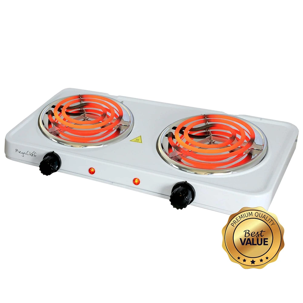 MegaChef White Electric Portable Lightweight Dual Coil Burner Cooktop Buffet Range