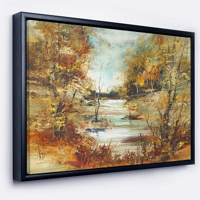 Designart - Brown River in Forest - Landscape Painting Canvas Print in Black Frame