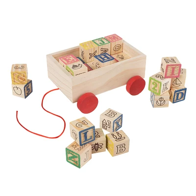 Toy Time ABC & 123 Wooden Blocks with Pull Cart Storage Box