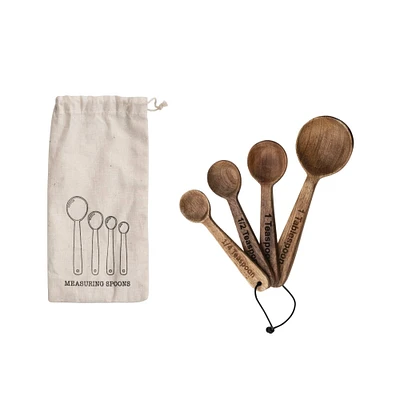 Mango Wood Measuring Spoon Set in Printed Drawstring Bag