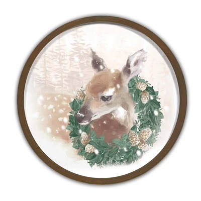Christmas Wreath Fawn Round Brown Framed Print Wall Art