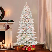 7.5ft Pre-Lit White Slim Fraser Fir Flocked Artificial Christmas Tree, Multicolor Lights