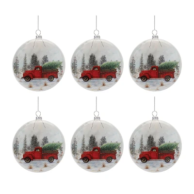 5.75" Glittered Glass Pickup Truck Disc Ornaments, 6ct.