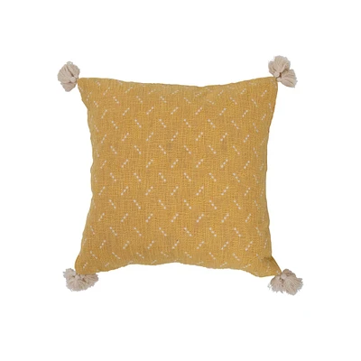 Yellow Embroidered Dot Cotton Slub Pillow with Tassels