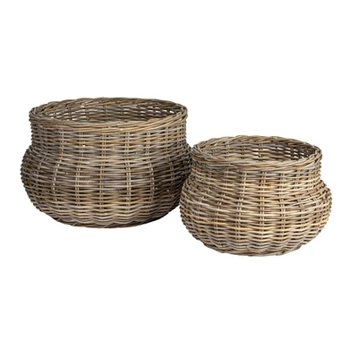 Gray Round Handwoven Rattan Planter Set