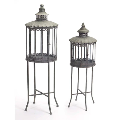 Antique Brown Metal & Glass Lantern with Stand Set, 32'' & 53''