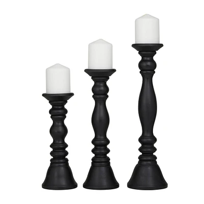 Black Wood Turned Style Pillar Candle Holder Set