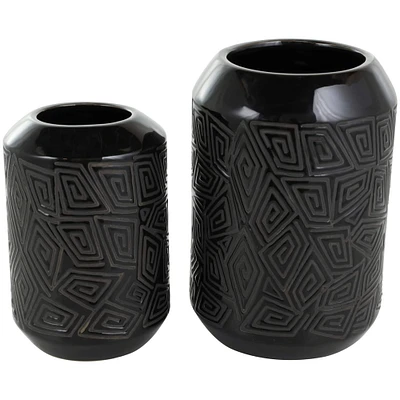 Black Ceramic Vase with Geometric Etchings Set