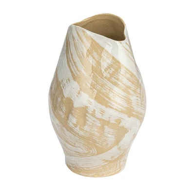 12.25" Cream & Gold with Reactive Glaze Hand Painted Stoneware Vase