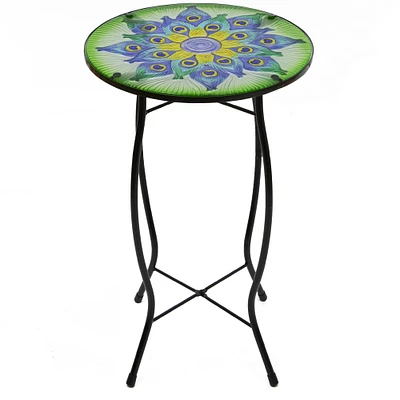 19" Green & Blue Peacock Flower Tail Glass Patio Side Table