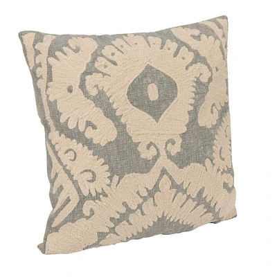 Blue & Cream Damask Pattern Cotton Slub Tufted Pillow with Chambray Back