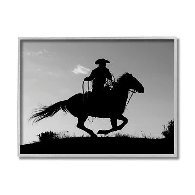Stupell Industries Southwestern Cowboy Silhouette Black White Horse in Gray Frame Wall Art