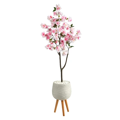 5ft. Cherry Blossom Artificial Tree in White Planter with Stand