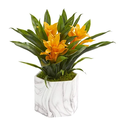 11" Bromeliad Plant in Marble Finished Vase