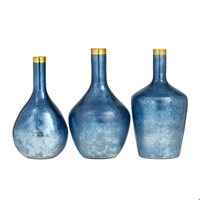 Set of 3 Blue Glass Coastal Vases, 14" x 7" x 7"