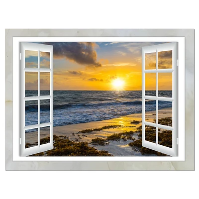 Designart - Open Window to Bright Yellow Sunset - Modern Seascape Canvas Artwork