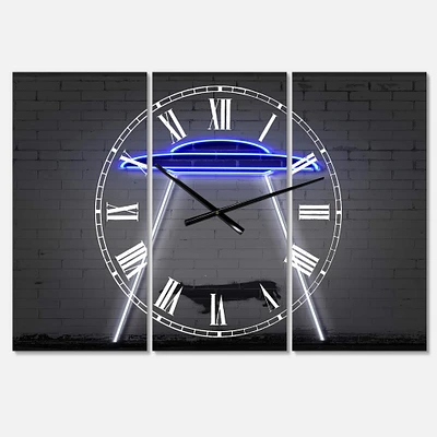 Designart Neon UFO Abducting Cow Modern 3 Panel Large Wall Clock