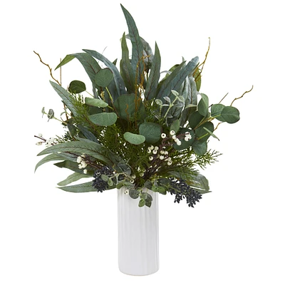 22" Mixed Eucalyptus Plant in White Cylinder Vase